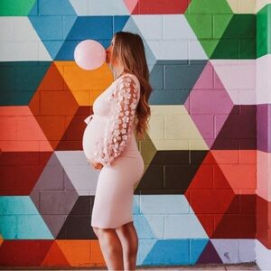 Floral Mesh Bishop Long Sleeve Maternity Midi Dress